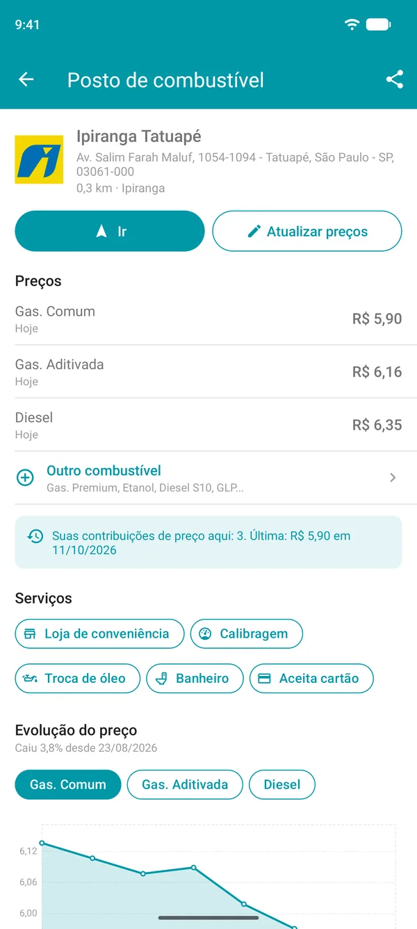 Detalhes do posto de combustível no app Drivvo, com preços dos combustíveis, serviços e gráfico do histórico de preços