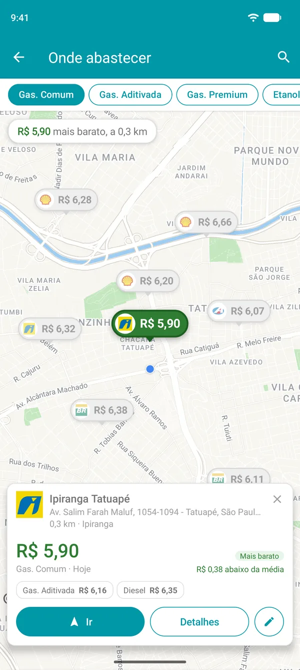 Posto mais barato aberto no app Drivvo, com preços dos combustíveis, distância e o botão Ir