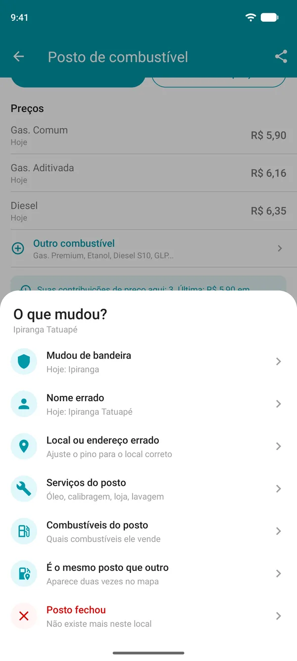Opções de Sugerir uma alteração no app Drivvo: bandeira, nome, localização, serviços, combustíveis, posto duplicado ou fechado