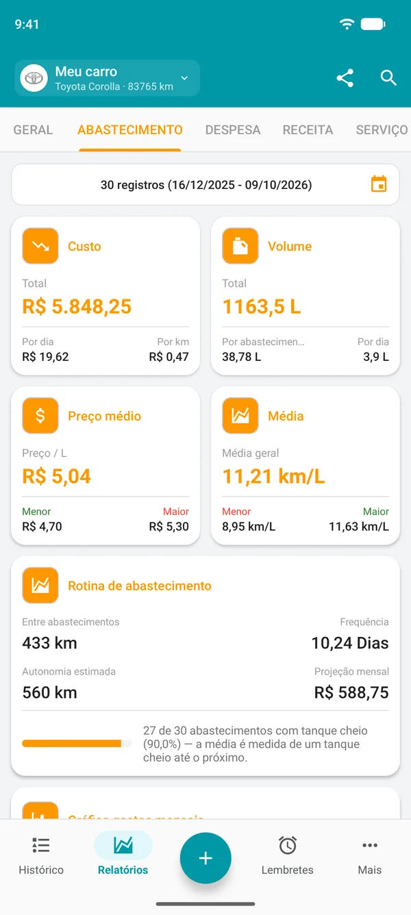 Relatório de combustível com custo, quantidade, preço médio e média geral