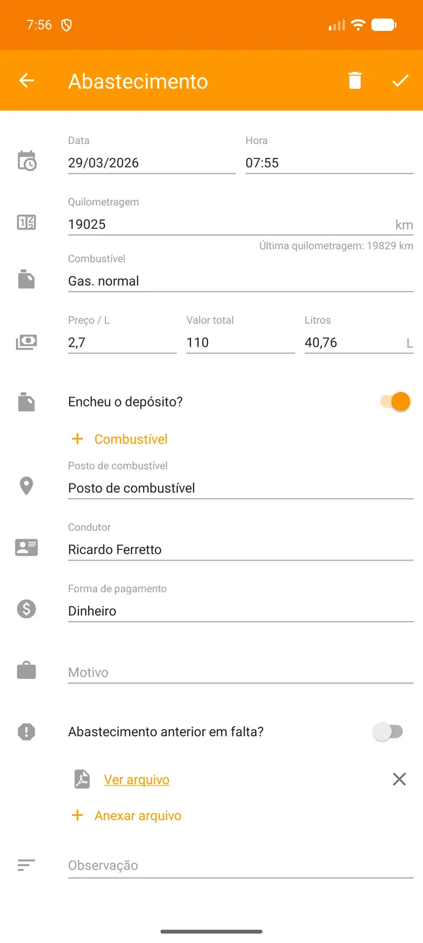 Drivvo — Registo — Abastecimentos