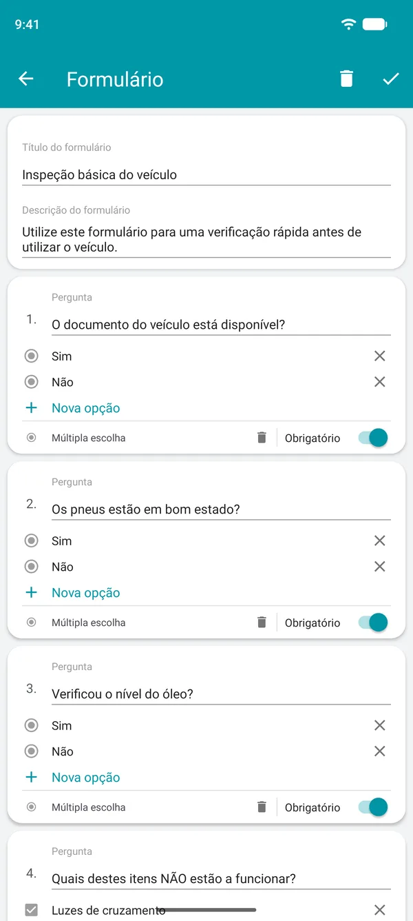 Criação de um formulário de checklist na app Drivvo, com perguntas de sim ou não e um campo obrigatório