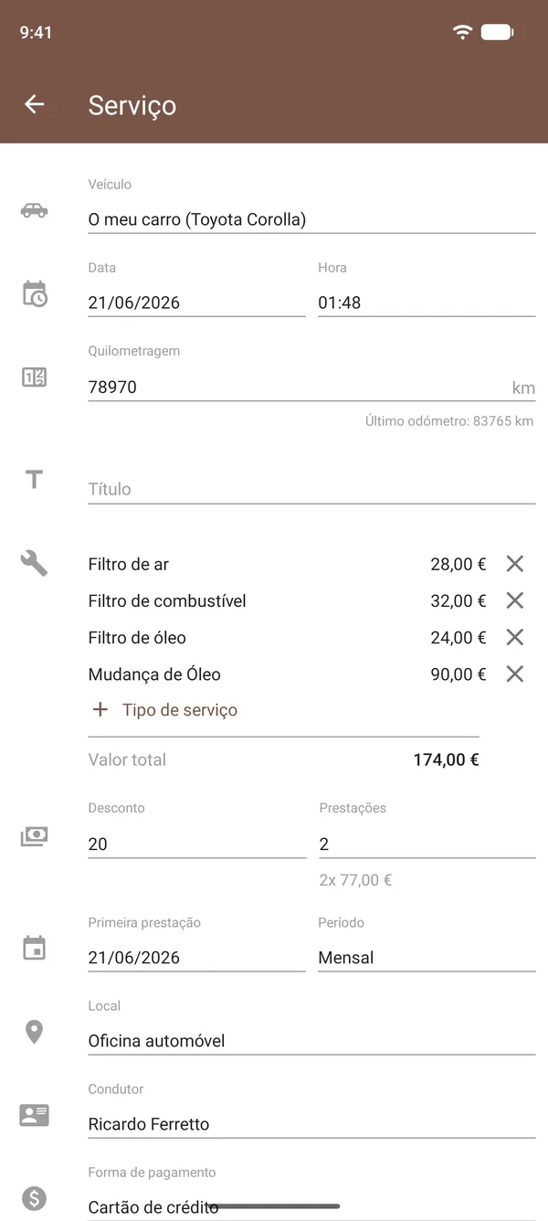 Registo de serviço no Drivvo com mudança de óleo, filtros, custos, conta-quilómetros e local