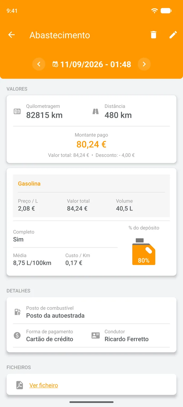 Abastecimento guardado com a média, a distância percorrida e o custo por distância