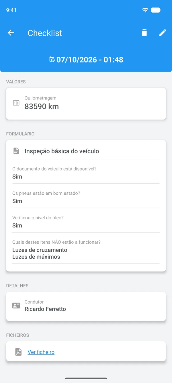 Checklist preenchida no Drivvo, com as respostas, o condutor e o ficheiro anexado