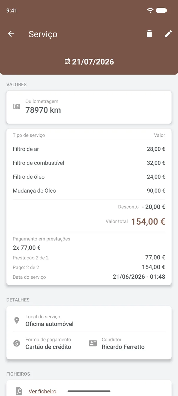 Detalhes de um serviço com os itens, desconto, prestações, local e condutor
