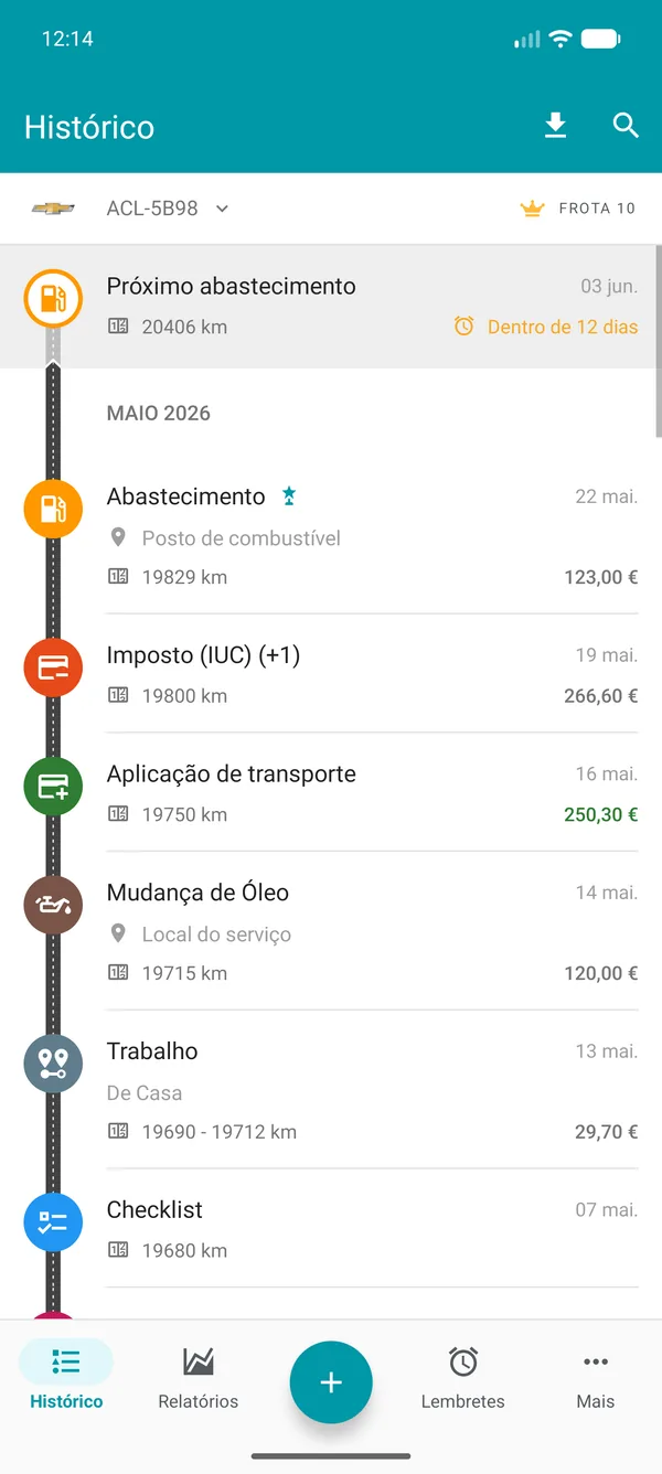 Drivvo — Histórico de registos
