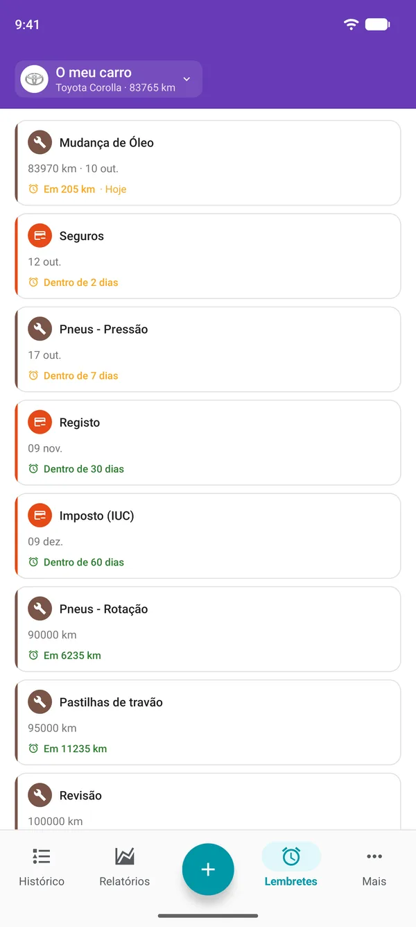 Lembretes na app Drivvo para a revisão, o registo e os impostos, com o tempo que falta até cada prazo