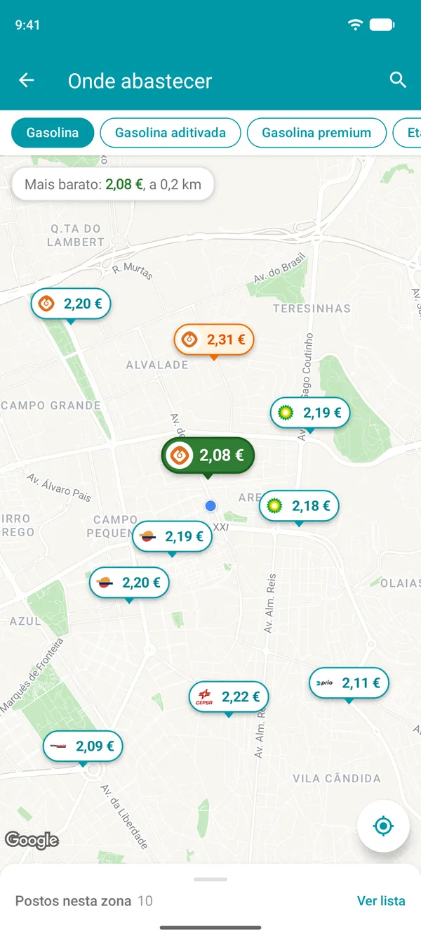 Mapa na aplicação Drivvo com o preço da gasolina em cada posto de combustível perto de si e o mais barato a verde