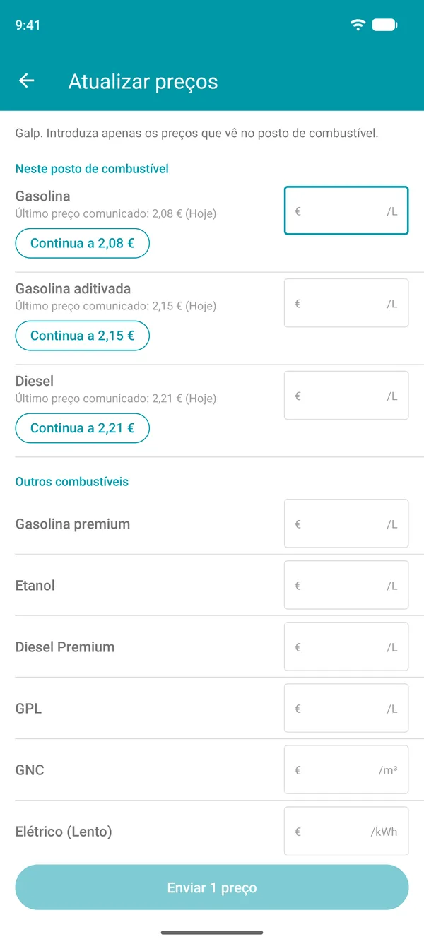 Ecrã Atualizar preços na app Drivvo, com o último preço comunicado de cada combustível e um botão para o confirmar