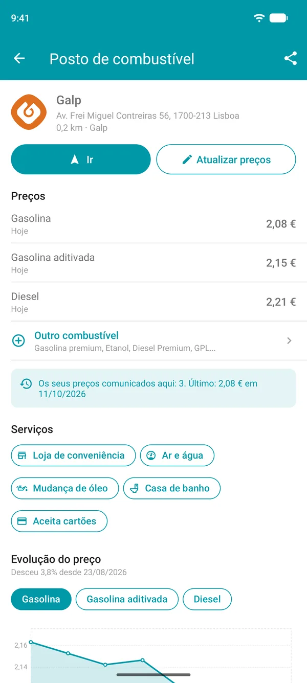 Detalhes de um posto de combustível na app Drivvo, com preços dos combustíveis, serviços e gráfico do histórico de preços
