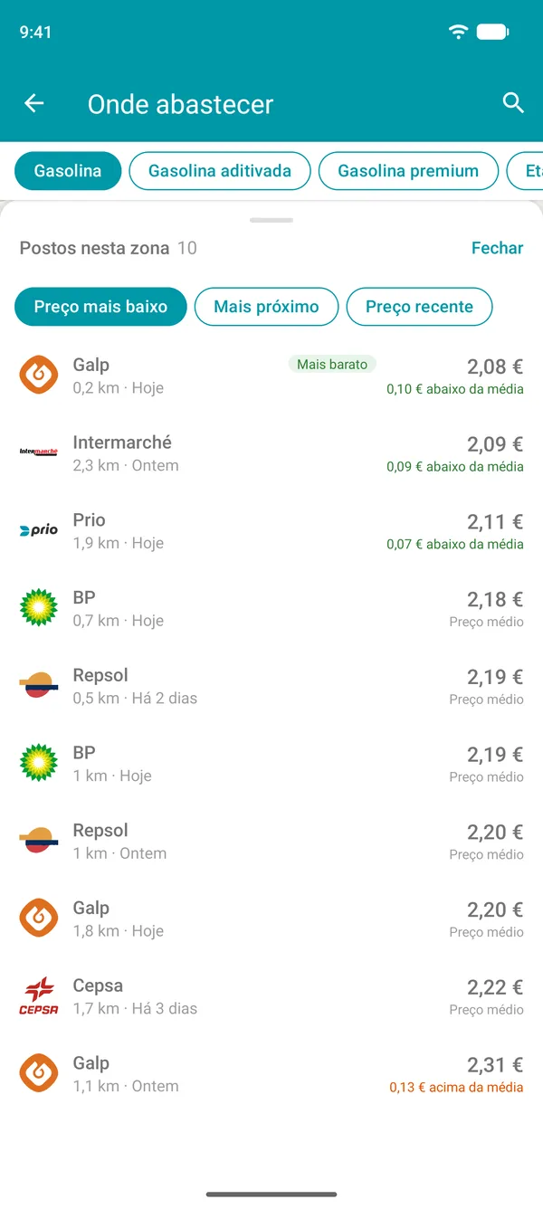 Lista de postos de combustível perto de si na app Drivvo, ordenada do preço mais baixo para o mais alto, com opção de ordenar por distância