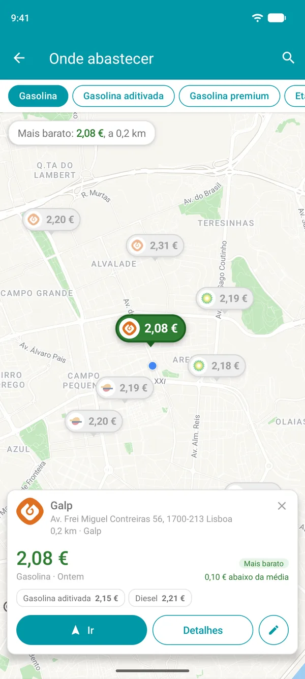 Posto mais barato aberto na aplicação Drivvo, com os preços dos combustíveis, a distância e o botão Ir