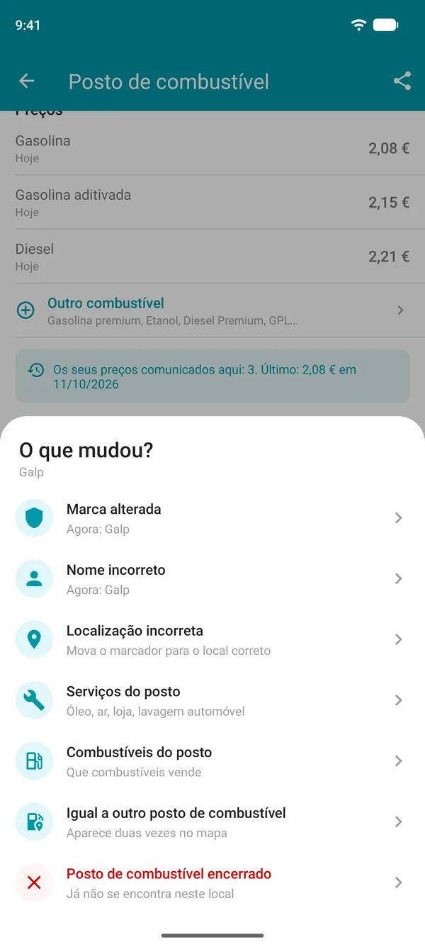 Opções de Sugerir uma alteração na app Drivvo: marca, nome, localização, serviços, combustíveis, posto duplicado ou encerrado