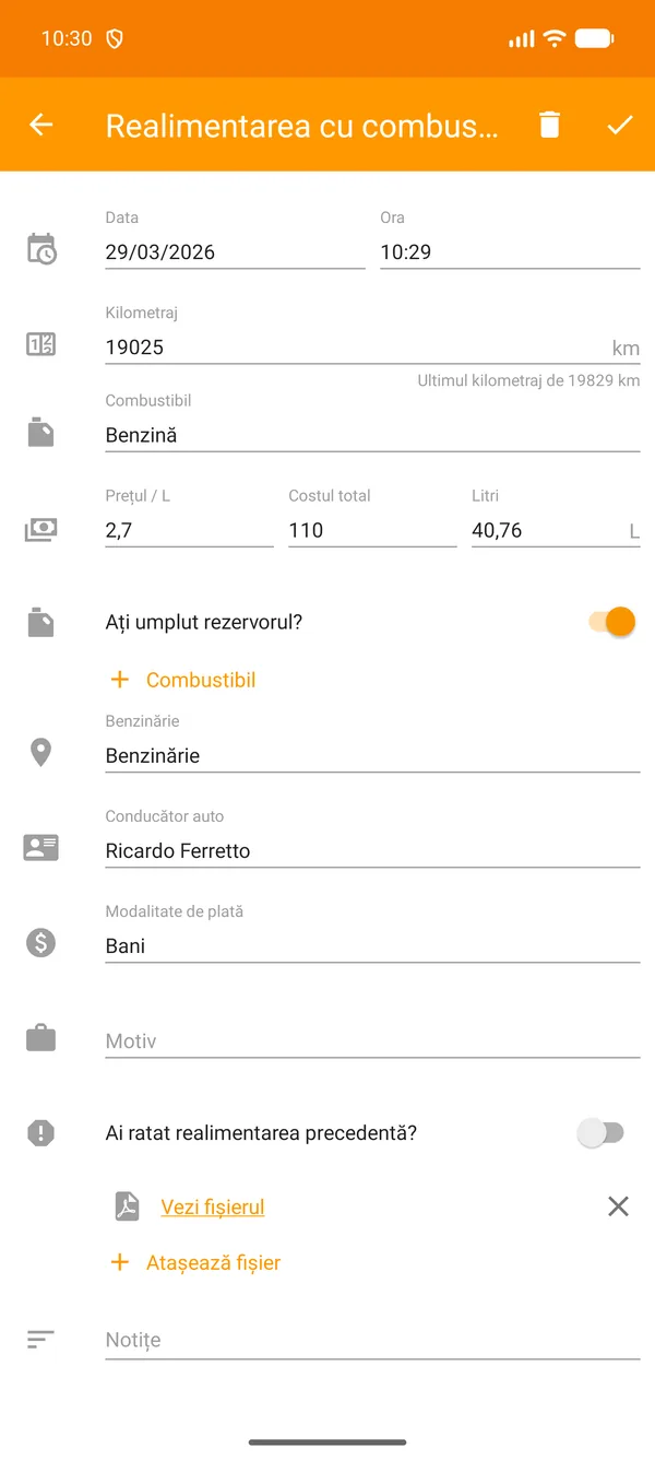 Drivvo — Înregistrare — Carburant