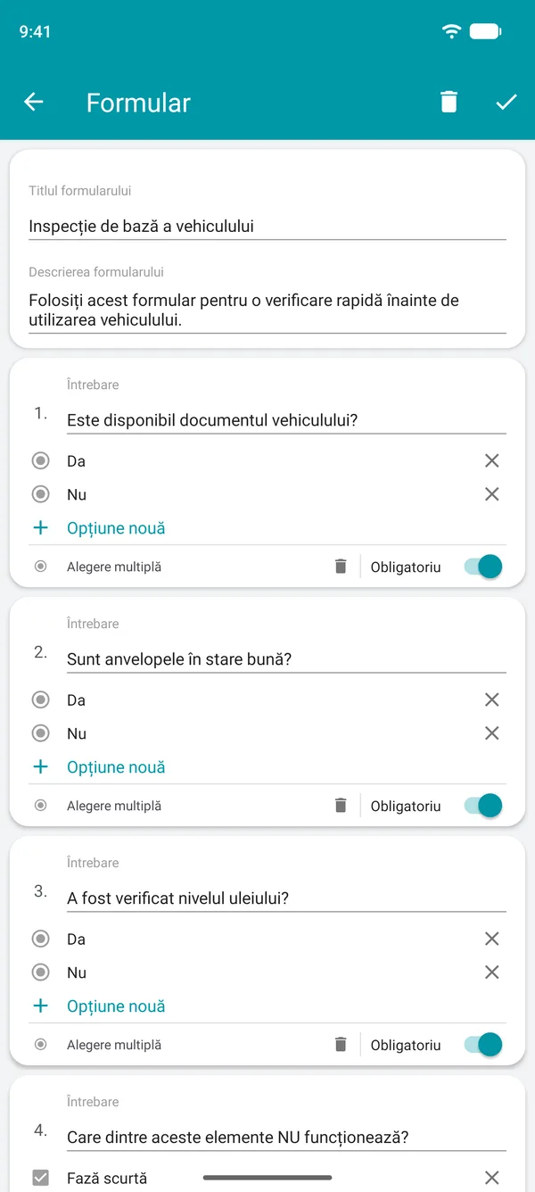 Crearea unui formular pentru lista de verificare în aplicația Drivvo, cu întrebări cu răspuns da sau nu și un câmp obligatoriu