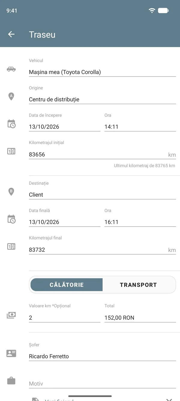 Înregistrarea unui traseu în modul deplasare, cu punct de plecare, destinație, kilometraj la plecare și la sosire, tarif pe unitate de distanță și total