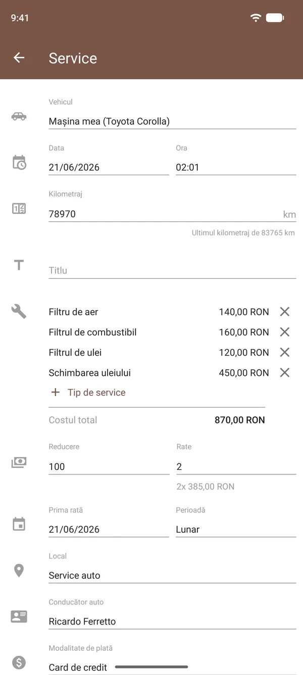 Înregistrarea unei lucrări în Drivvo, cu schimbarea uleiului, filtre, costuri, kilometraj și locație