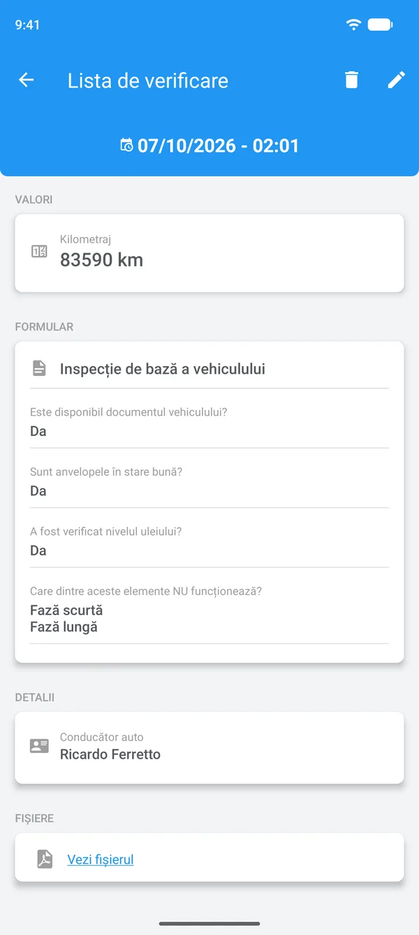 Listă de verificare completată în Drivvo, cu răspunsurile, șoferul și fișierul atașat