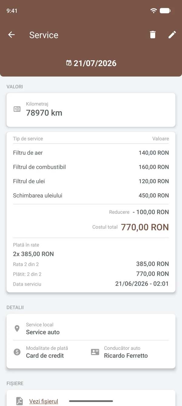 Detaliile unei lucrări, cu articolele, reducerea, ratele, locația și șoferul