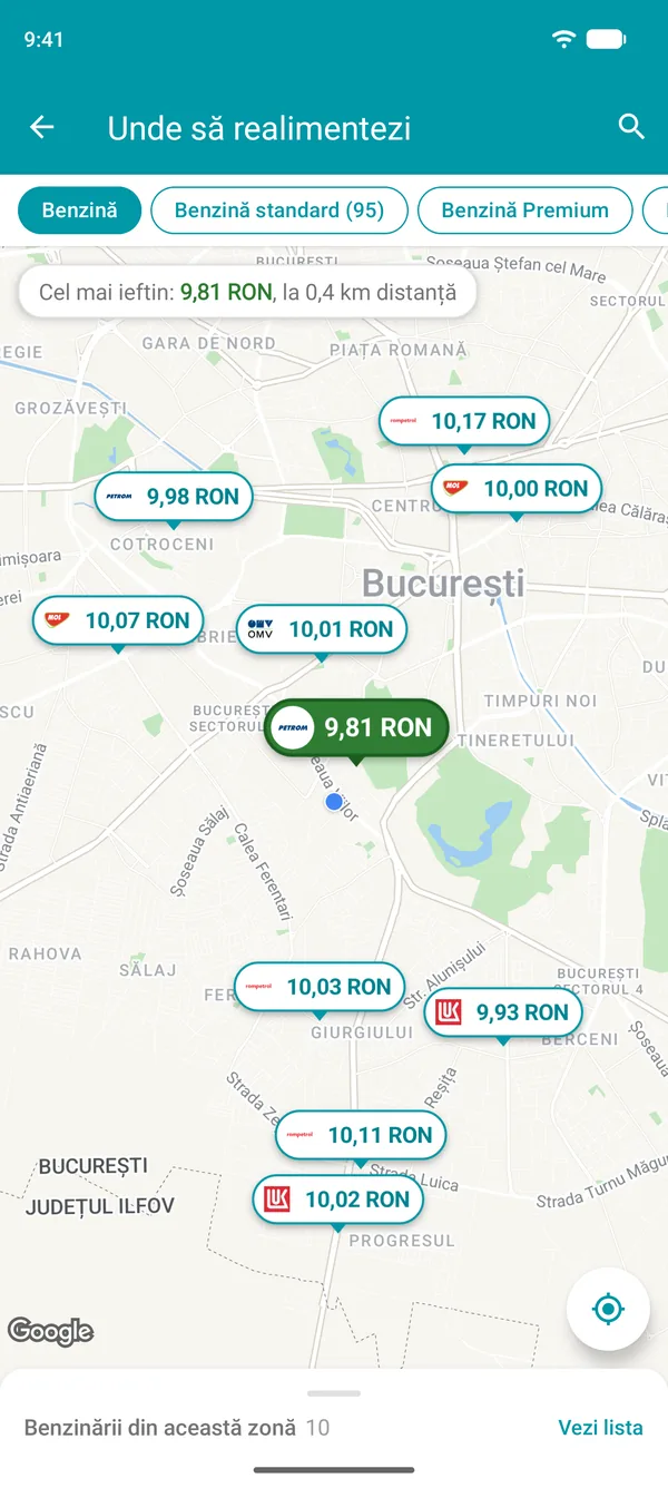 Hartă în aplicația Drivvo cu prețul benzinei la fiecare benzinărie din apropiere și cea mai ieftină marcată cu verde