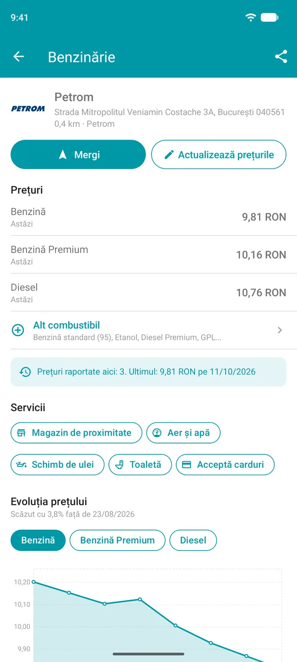 Detalii despre o benzinărie în Drivvo, cu prețurile combustibililor, serviciile și graficul istoricului prețurilor