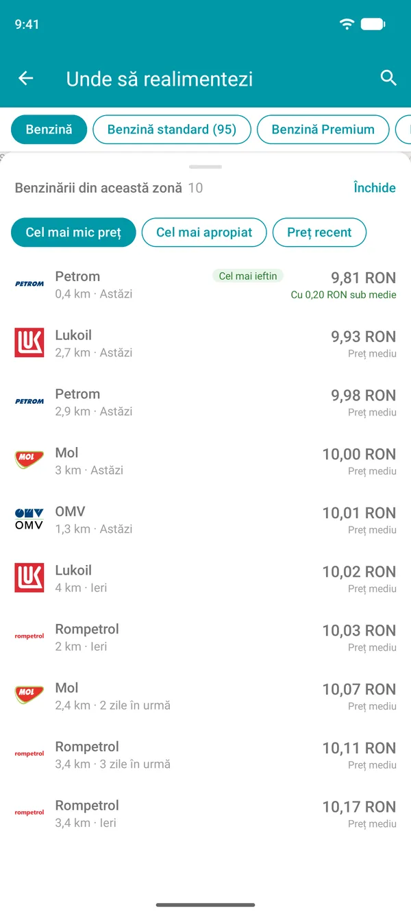Lista benzinăriilor din apropiere în Drivvo, în ordinea crescătoare a prețului, cu opțiunea de sortare după distanță