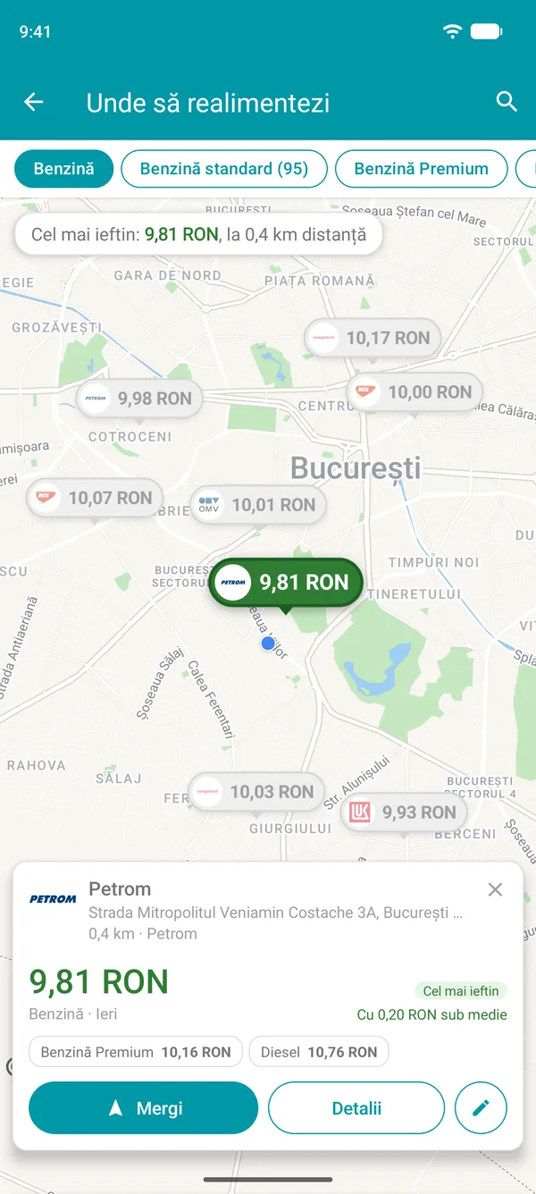 Cea mai ieftină benzinărie deschisă în aplicația Drivvo, cu prețurile la combustibil, distanța și butonul Mergi