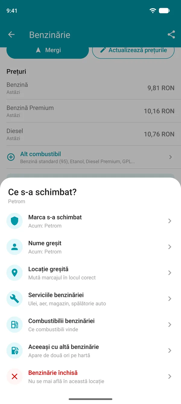 Opțiunile Sugerează o modificare din Drivvo: marcă, nume, locație, servicii, combustibili, benzinărie duplicată sau închisă