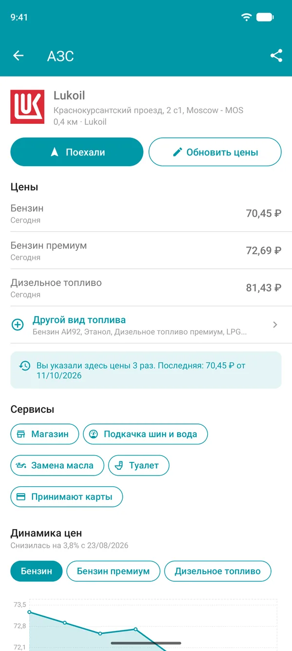 Информация об АЗС в приложении Drivvo: цены на топливо, услуги и график изменения цен
