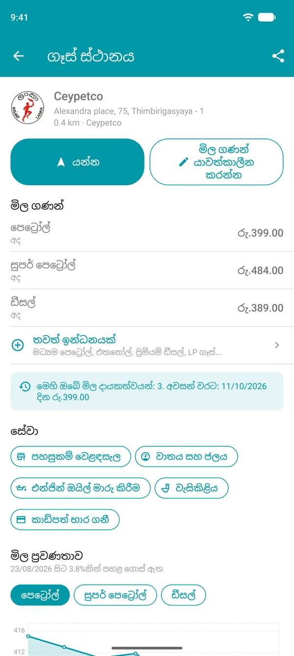 ඉන්ධන මිල ගණන්, සේවා සහ මිල ඉතිහාස ප්රස්තාරය සහිත Drivvo යෙදුමේ ගෑස් ස්ථානයේ විස්තර