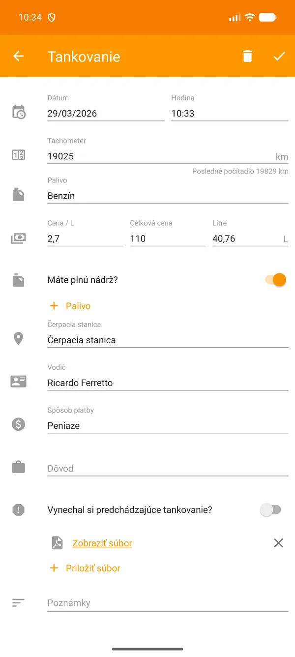 Drivvo — Registrácia — Tankovanie