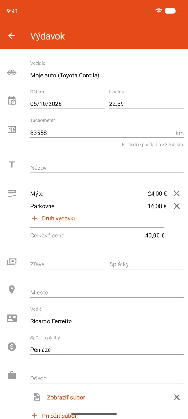 Záznam výdavku za parkovanie a mýto so zľavou a splátkami