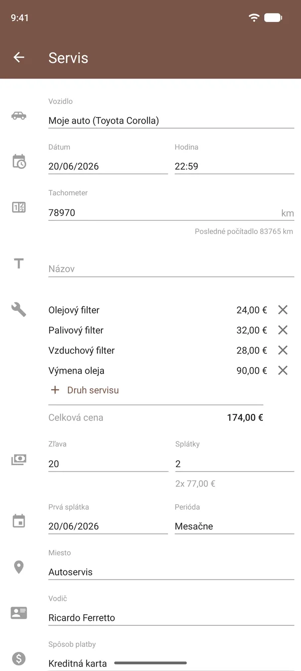 Záznam o servise v Drivvo s výmenou oleja, filtrami, nákladmi, stavom tachometra a miestom