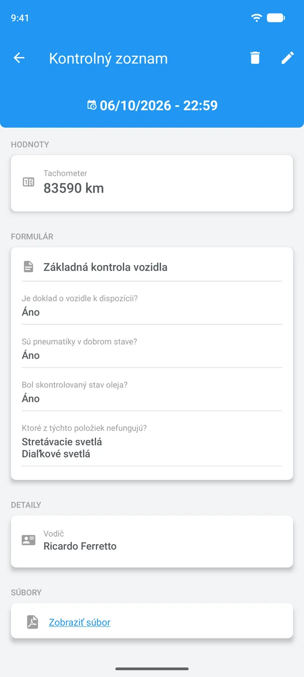 Vyplnený kontrolný zoznam v Drivvo s odpoveďami, vodičom a priloženým súborom