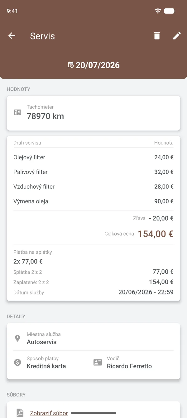 Podrobnosti o servise s položkami, zľavou, splátkami, miestom a vodičom