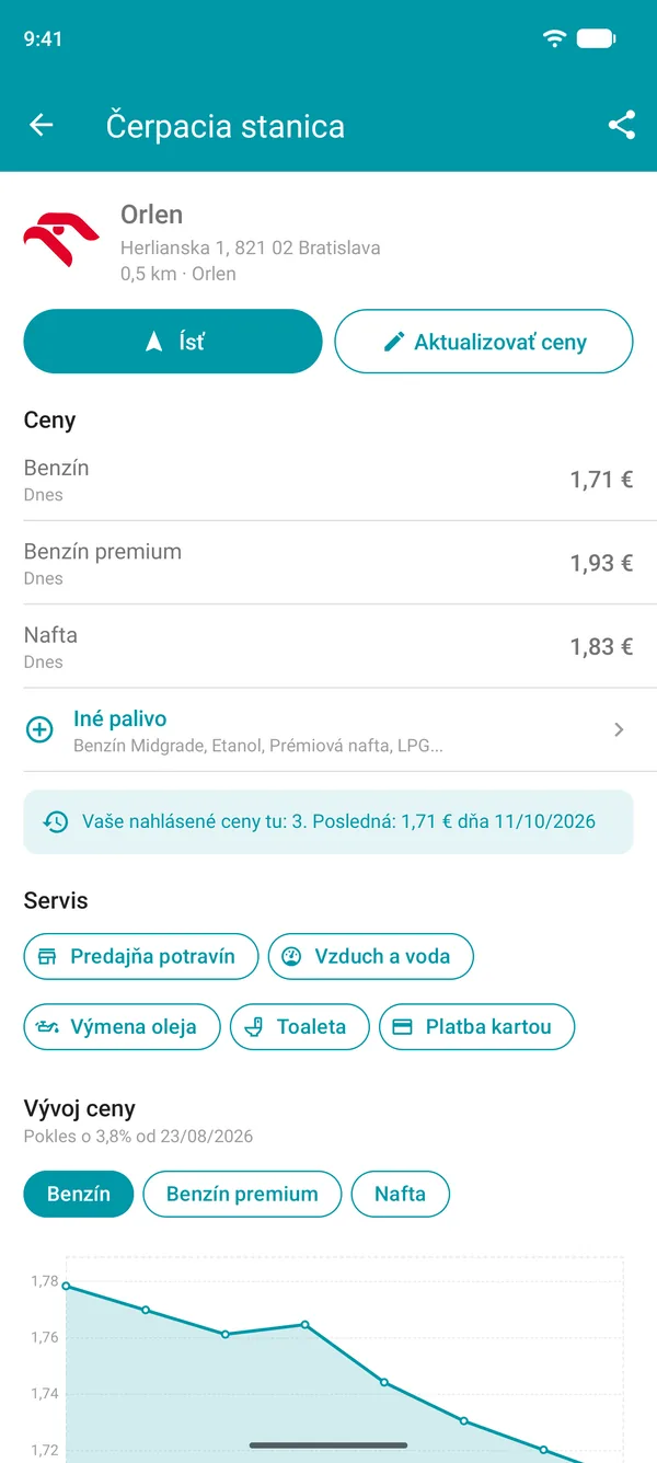 Podrobnosti o čerpacej stanici v aplikácii Drivvo s cenami palív, službami a grafom histórie cien