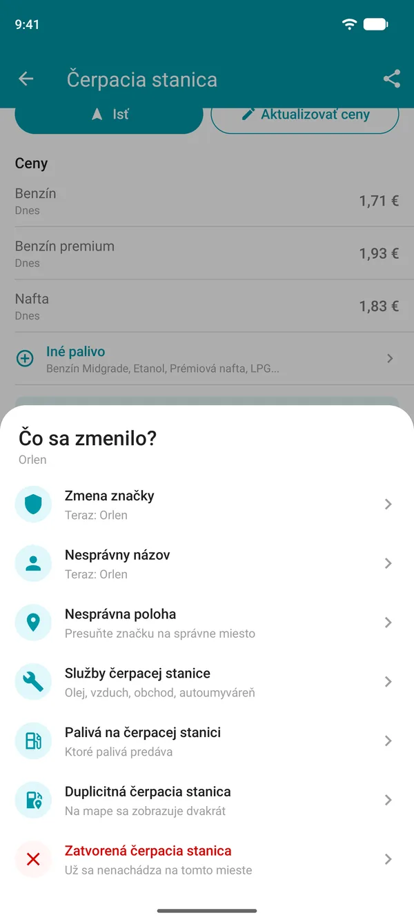 Možnosti návrhu zmeny v aplikácii Drivvo: značka, názov, poloha, služby, palivá, duplicitná alebo zatvorená čerpacia stanica