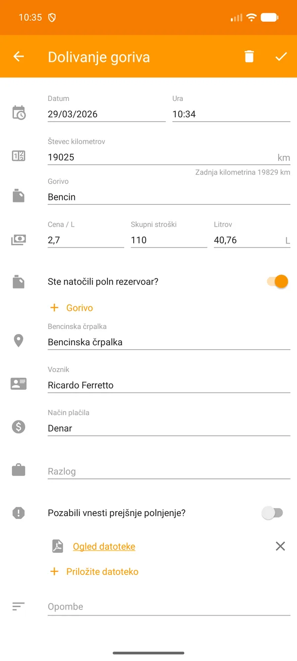 Drivvo — Registracija — Dolivanje goriva