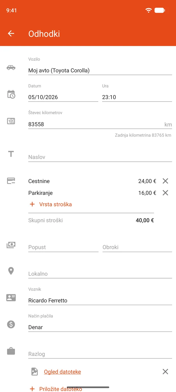 Vnos izdatka za parkiranje in cestnine s popustom in plačilom na obroke