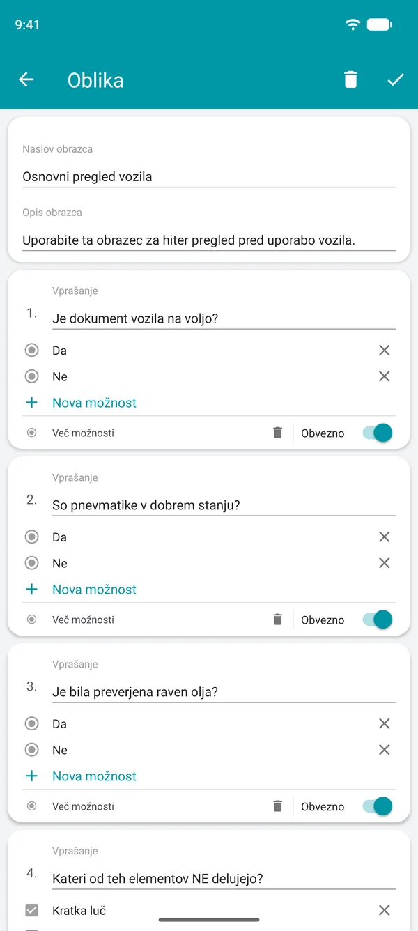 Ustvarjanje obrazca za kontrolni seznam v aplikaciji Drivvo z vprašanji z odgovoroma da ali ne in obveznim poljem