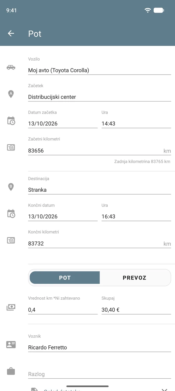 Vnos poti z začetno in končno točko, stanjem števca kilometrov, zneskom na enoto razdalje in skupnim zneskom