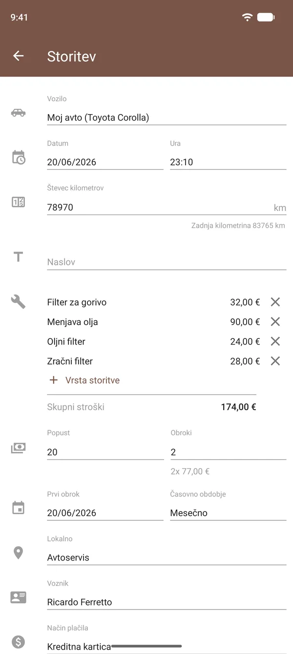 Vnos servisa v Drivvo z menjavo olja, filtri, stroški, stanjem števca kilometrov in lokacijo