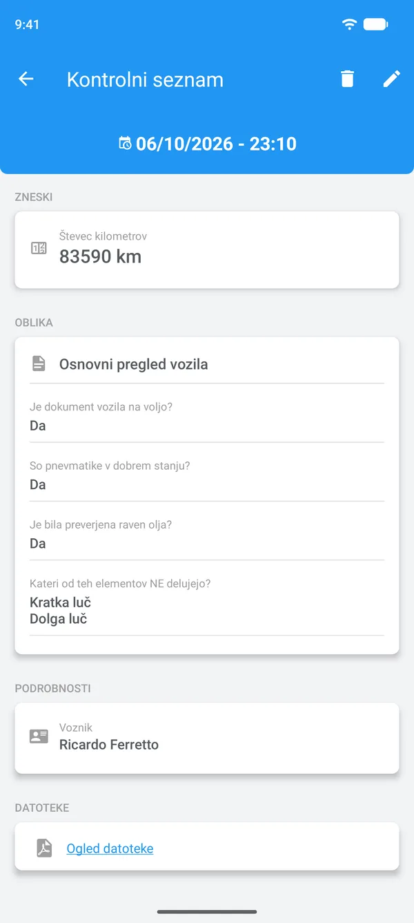 Izpolnjen kontrolni seznam v Drivvo z odgovori, voznikom in pripeto datoteko