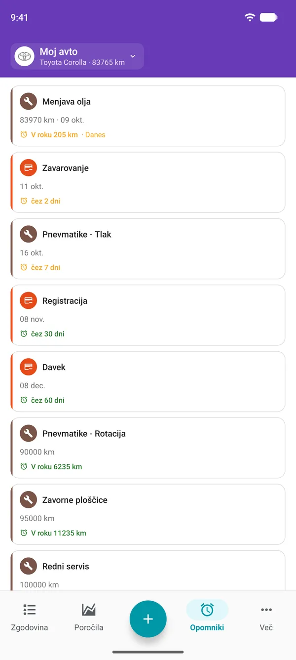Opomniki v aplikaciji Drivvo za servis, registracijo in davke s prikazom časa do zapadlosti