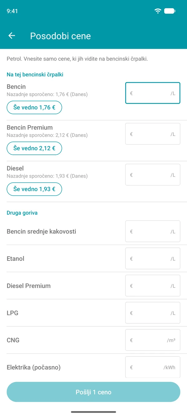 Zaslon Posodobi cene v aplikaciji Drivvo z zadnjo sporočeno ceno posameznega goriva in gumbom za potrditev