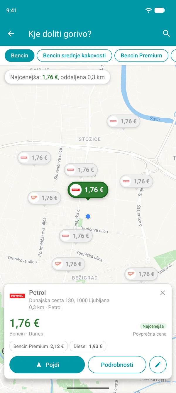 Prikaz najcenejše črpalke v aplikaciji Drivvo s cenami goriva, oddaljenostjo in gumbom Pojdi