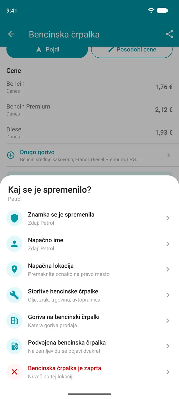 Možnosti Predlagajte spremembo v aplikaciji Drivvo: znamka, ime, lokacija, storitve, goriva, podvojena ali zaprta črpalka