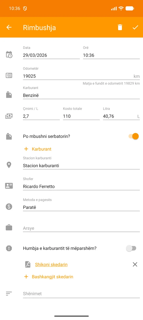 Drivvo — Regjistrim — Furnizim me karburant