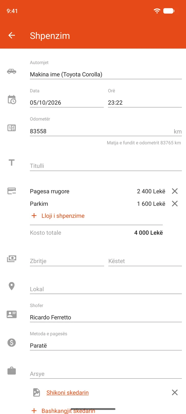 Regjistrim shpenzimi për parkim dhe pagesa rrugore, me zbritje dhe këste